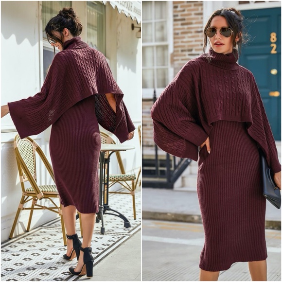 turtleneck ribbed classic knit sweater dress wine - Picture 8 of 10